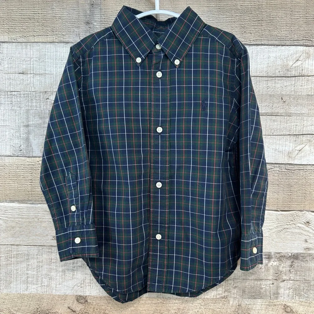 Ralph Lauren Boys Toddler Button Down‎ Shirt Navy Blue Green Red Plaid Size 3T